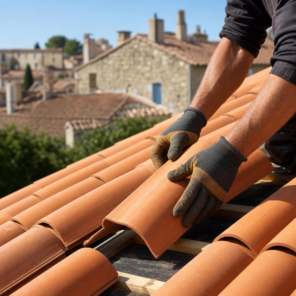 Pose de tuiles en terre cuite par un couvreur